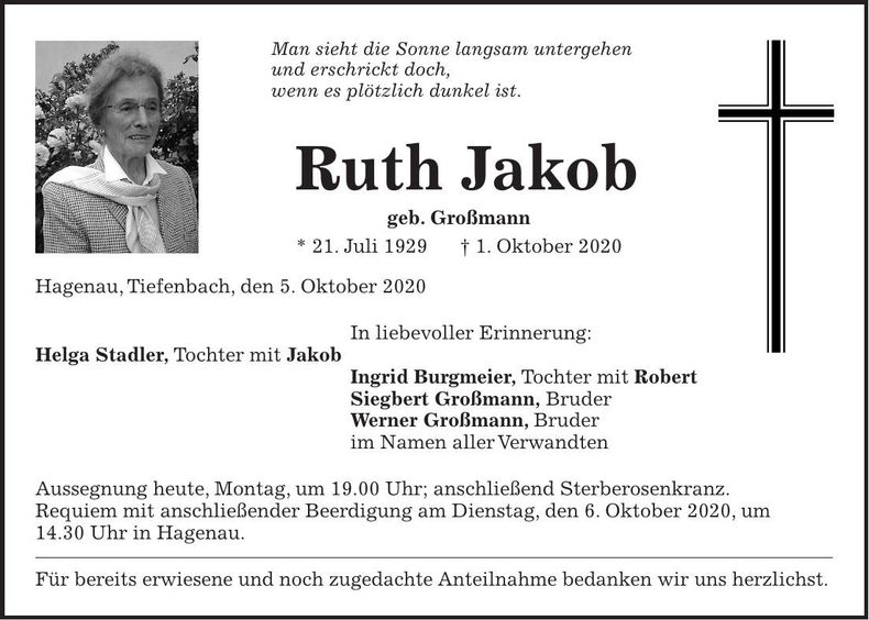 Traueranzeige Ruth Jakob