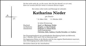 Traueranzeige Katharina Nieder