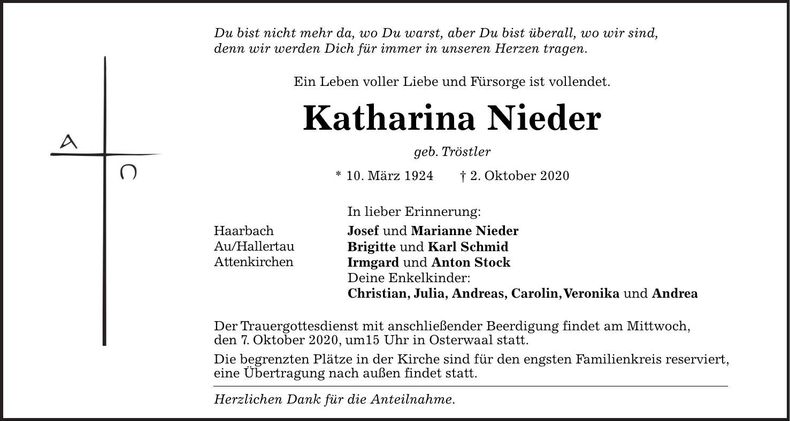 Traueranzeige Katharina Nieder