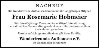 Traueranzeige Rosemarie Hobmeier