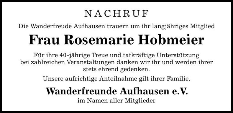 Traueranzeige Rosemarie Hobmeier