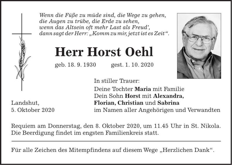 Traueranzeige Horst Oehl
