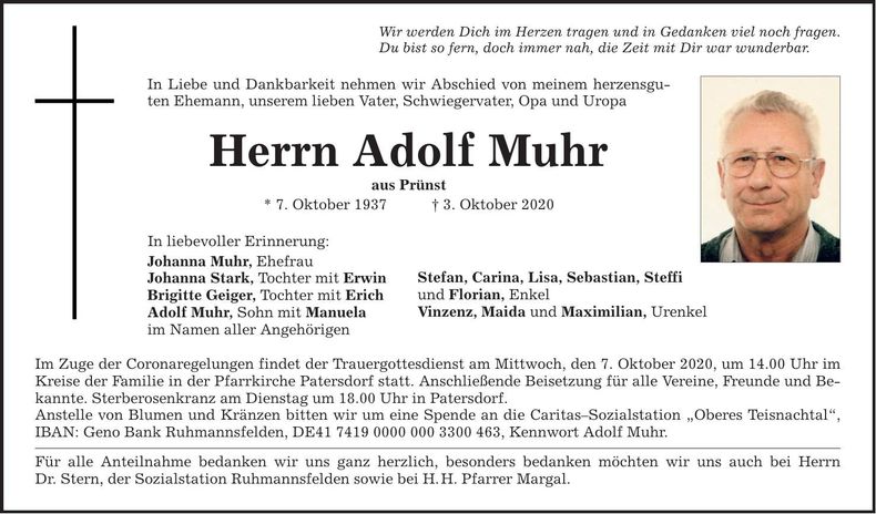 Traueranzeige Adolf Muhr