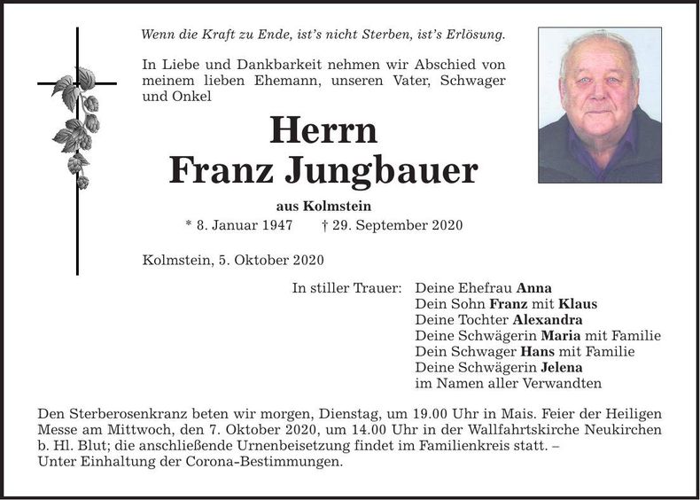 Traueranzeige Franz Jungbauer