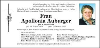Traueranzeige Apollonia Auburger