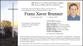 Traueranzeige Franz-Xaver Brunner