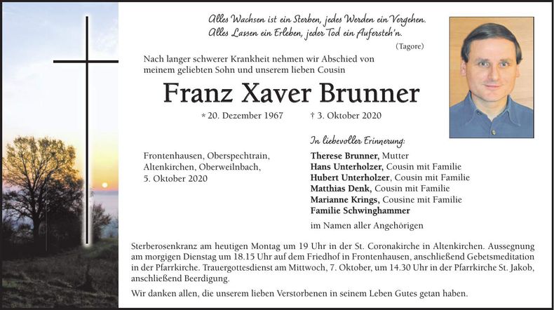Traueranzeige Franz-Xaver Brunner