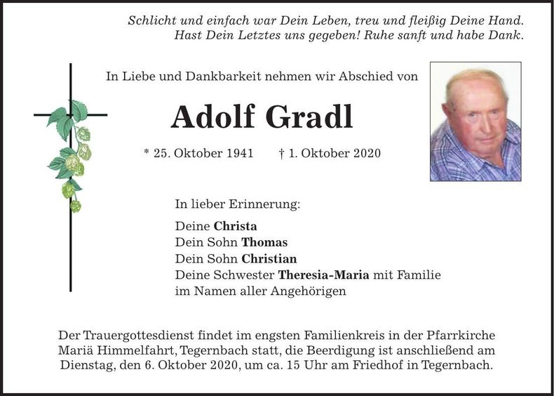 Traueranzeige Adolf Gradl