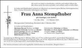 Traueranzeige Anna Stempfhuber