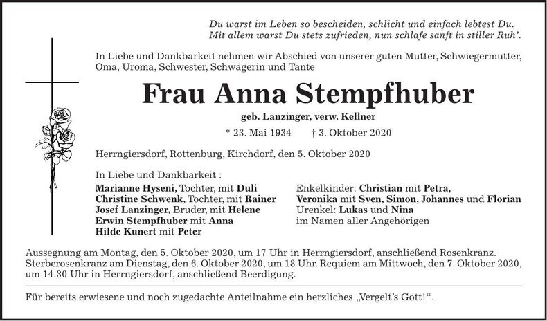 Traueranzeige Anna Stempfhuber