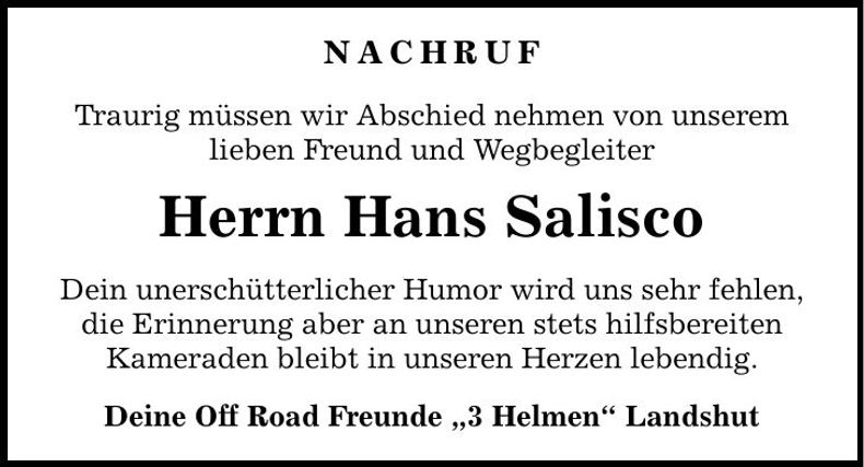Traueranzeige Hans Salisco