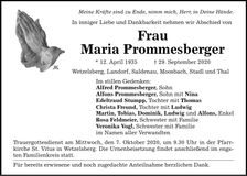 Traueranzeige Maria Prommesberger