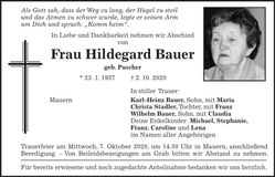 Traueranzeige Hildegard Bauer