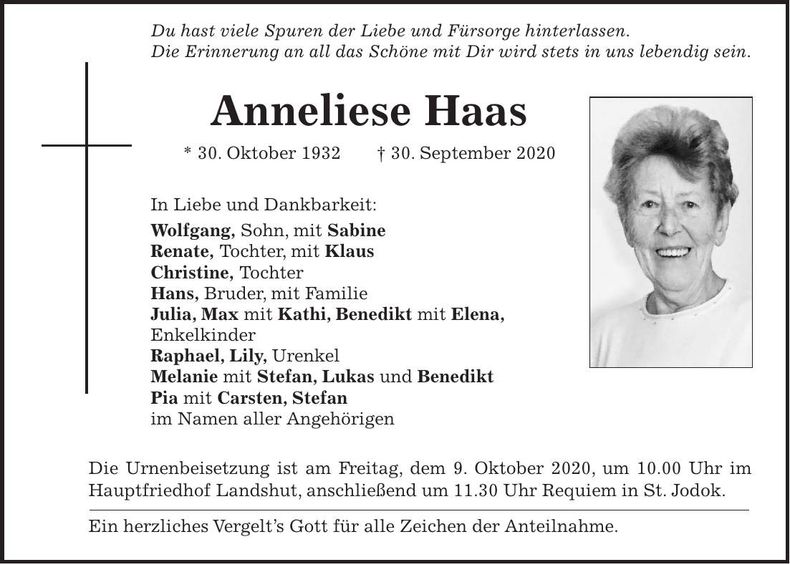Traueranzeige Anneliese Haas