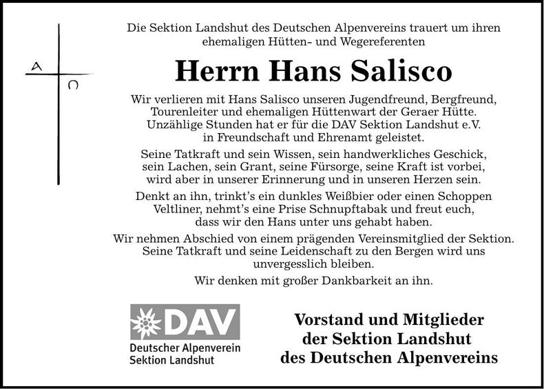 Traueranzeige Hans Salisco