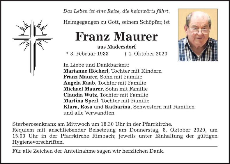 Traueranzeige Franz Maurer