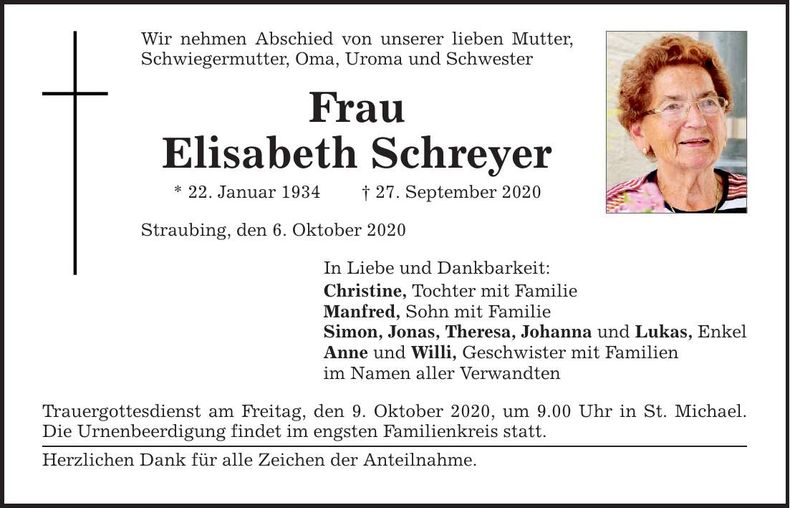 Traueranzeige Elisabeth Schreyer