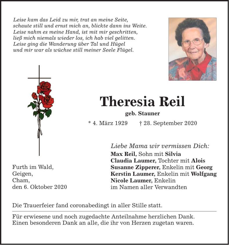 Traueranzeige Theresia Reil