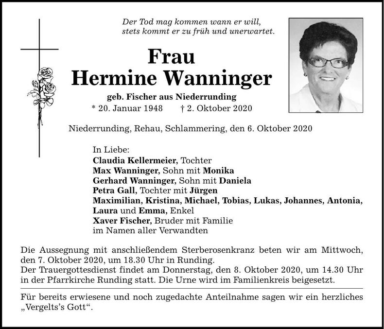 Traueranzeige Hermine Wanninger