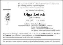 Traueranzeige Olga Letsch