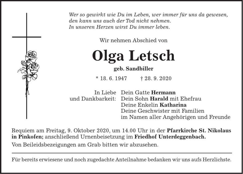 Traueranzeige Olga Letsch