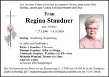 Traueranzeige Regina Staudner