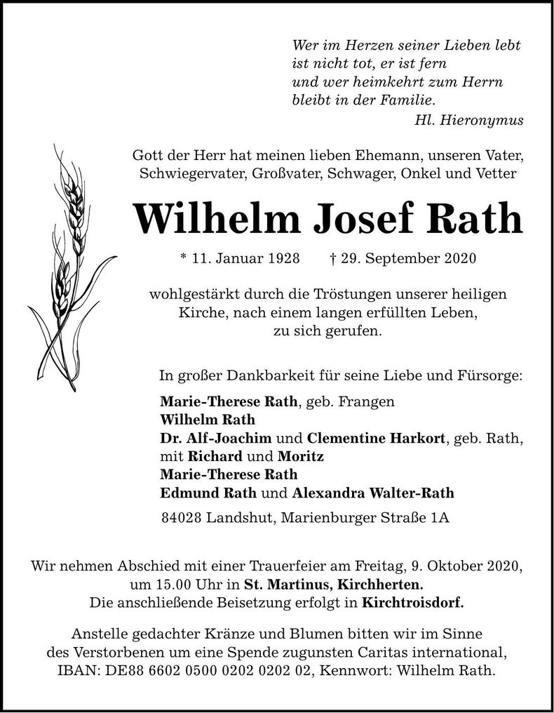 Traueranzeige Wilhelm Josef Rath