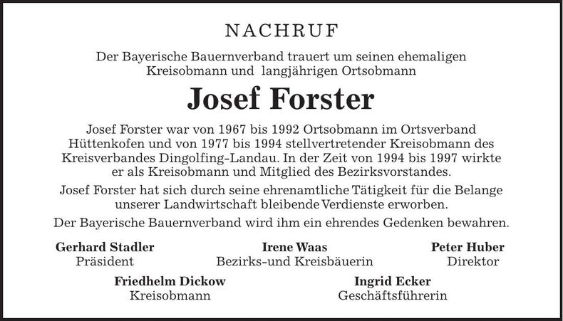 Traueranzeige Josef Forster