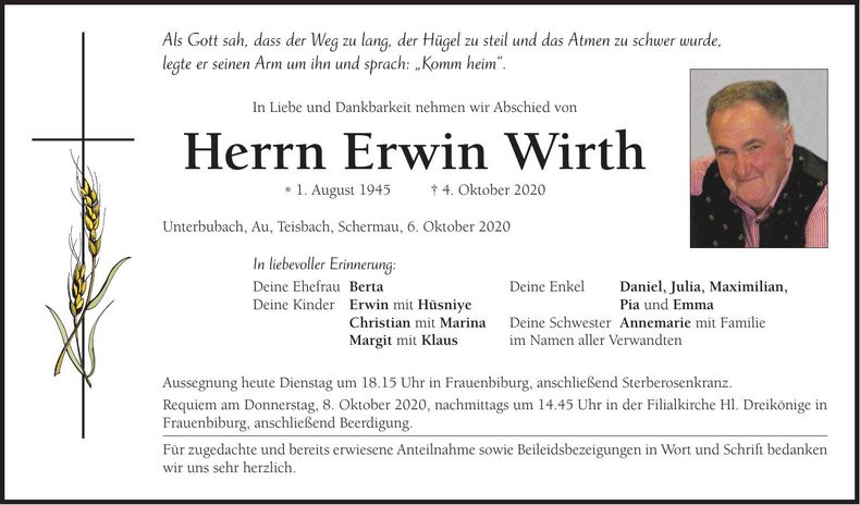 Traueranzeige Erwin Wirth