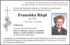 Traueranzeige Franziska Riepl