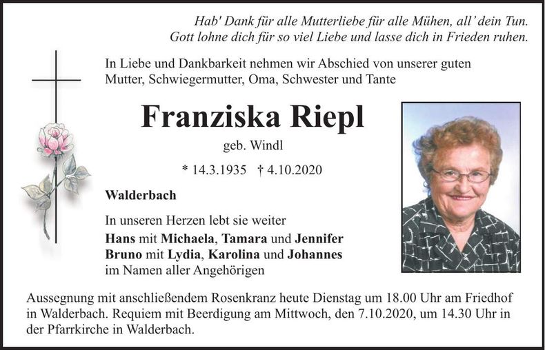 Traueranzeige Franziska Riepl