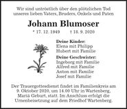 Traueranzeige Johann Blumoser