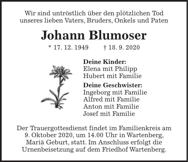Traueranzeige Johann Blumoser