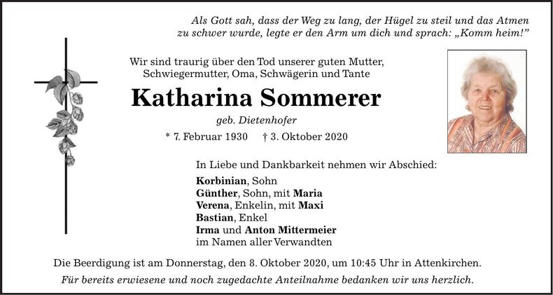 Traueranzeige Katharina Sommerer