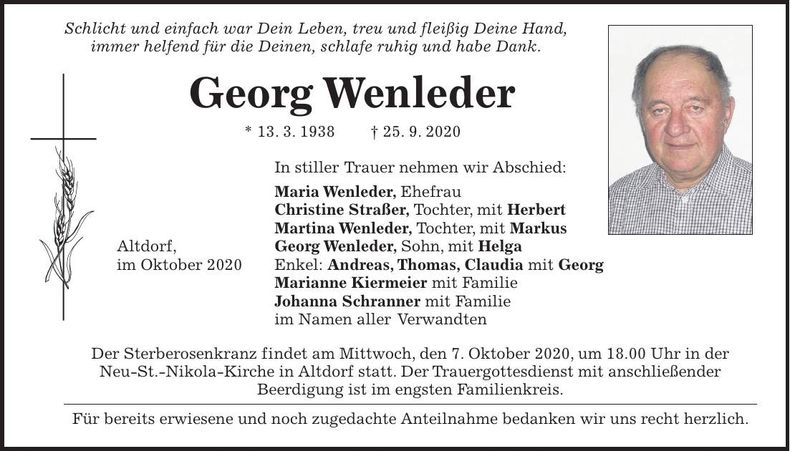 Traueranzeige Georg Wenleder