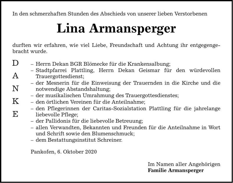 Traueranzeige Lina Armansperger