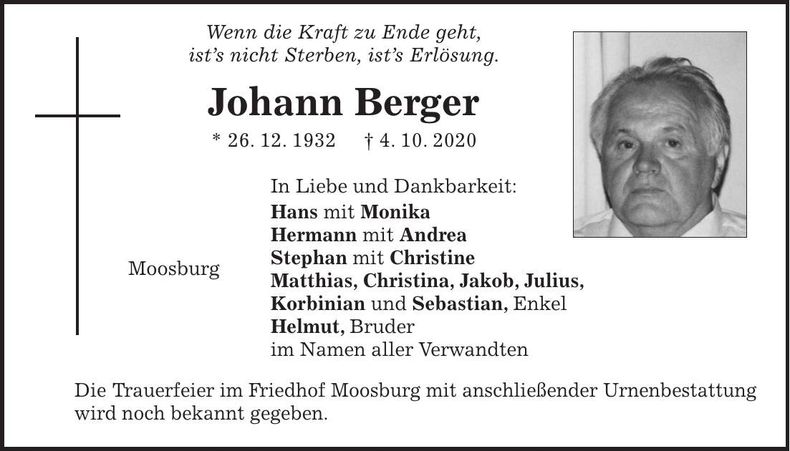 Traueranzeige Johann Berger