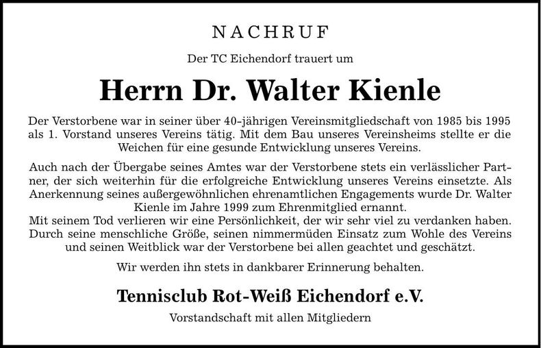 Traueranzeige Walter Kienle