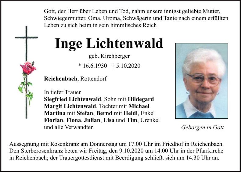 Traueranzeige Inge Lichtenwald
