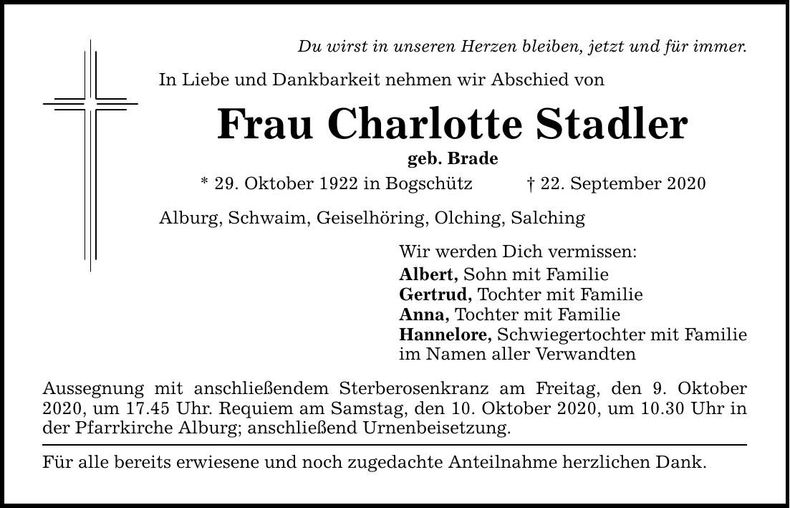 Traueranzeige Charlotte Stadler