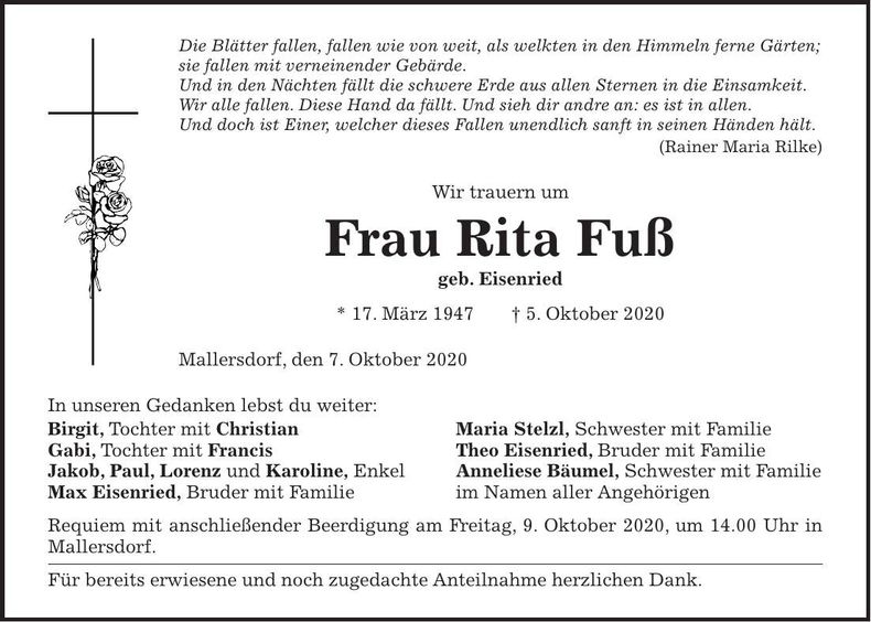 Traueranzeige Rita Fuß