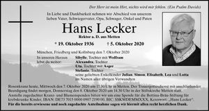 Traueranzeige Johann Lecker