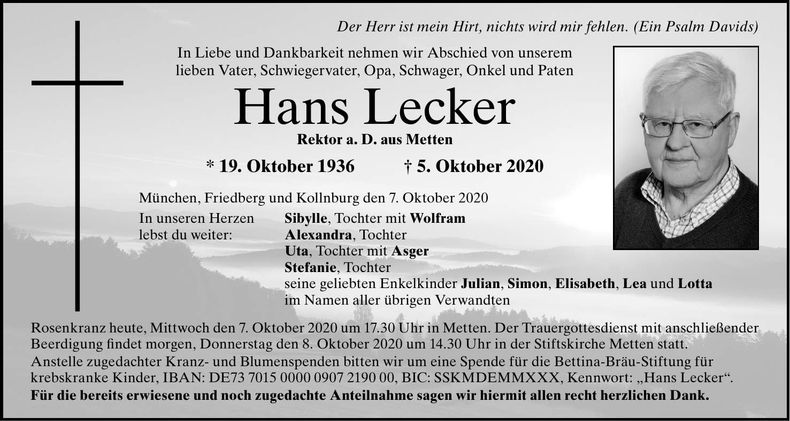 Traueranzeige Johann Lecker