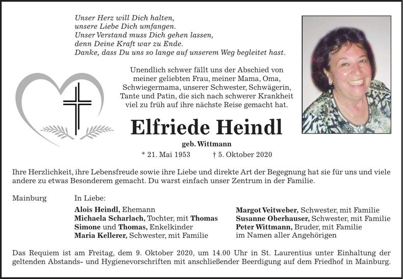 Traueranzeige Elfriede Heindl
