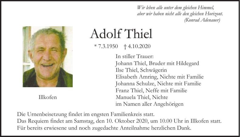 Traueranzeige Adolf Thiel