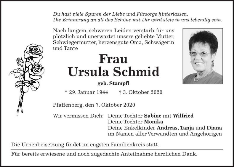 Traueranzeige Ursula Schmid