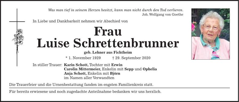 Traueranzeige Luise Schrettenbrunner