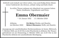 Traueranzeige Emma Obermaier