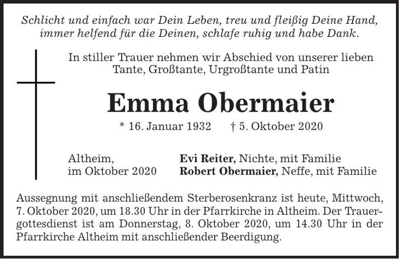 Traueranzeige Emma Obermaier