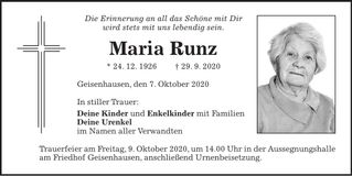 Traueranzeige Maria Runz